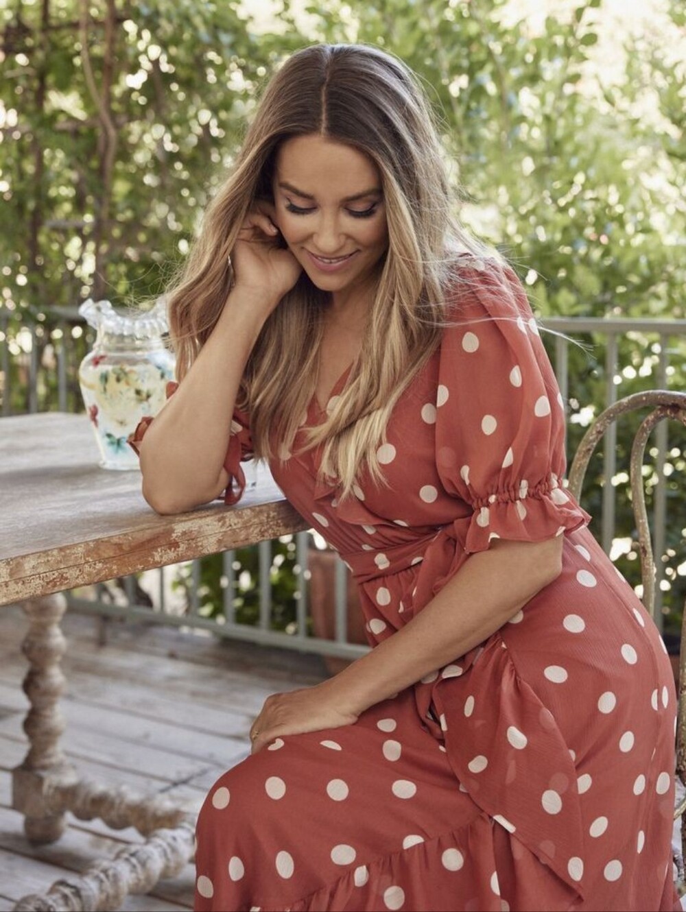 LC Lauren Conrad Rust Polka Dot Wrap Midi Dress